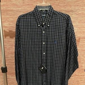 Ralph Lauren "Blaire" 100% Cotton Dark Blue & White Plaid Oxford - Large
